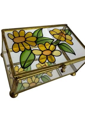 Vintage Brass Glass Floral Jewelry Trinket Box Stained Glass Style 60s Inspired